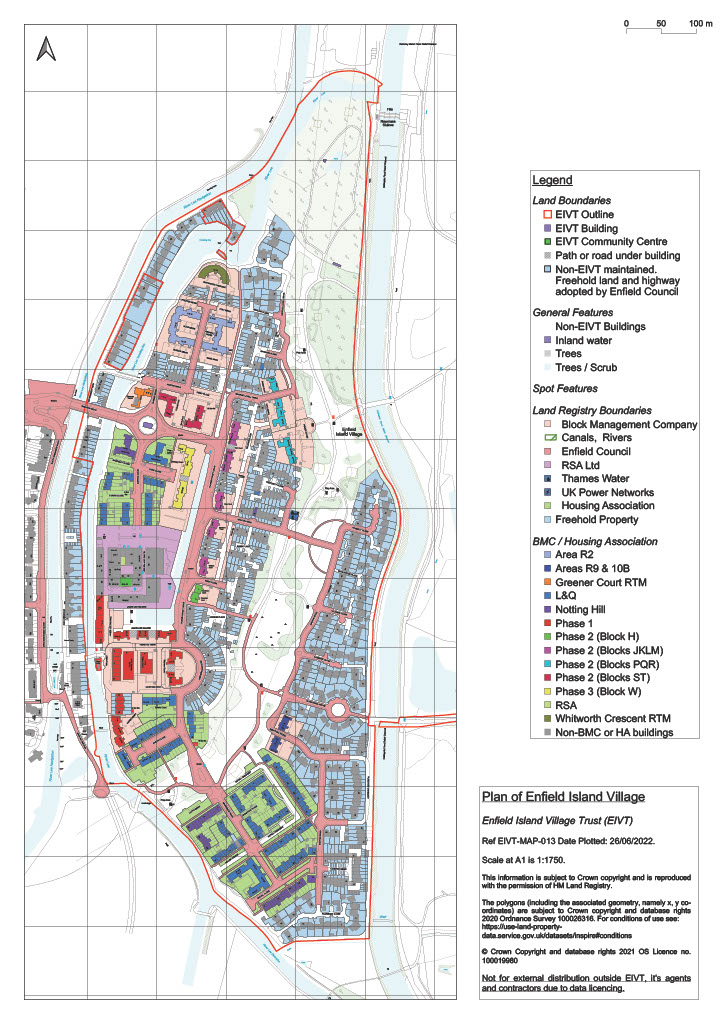 A map in colour of the Enfield Island Village estate, colour-coded with a key to show who manages each area of the Island estate.